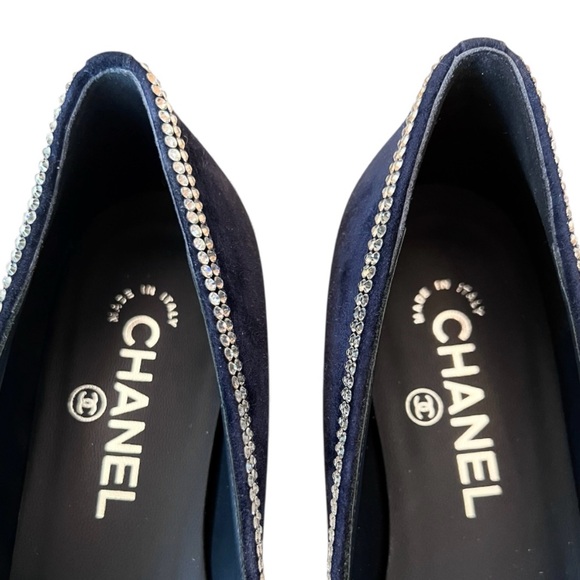 🆕CHANEL Cap Toe Flats Crystal Star & Trim Embellishment Navy & Black 37EU • NIB - Picture 6 of 11